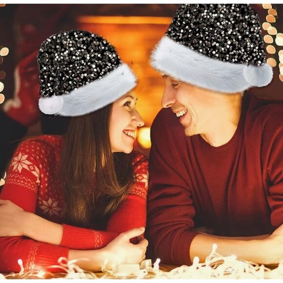 Ausejopeac 2PACK Black Christmas Hat for Adults, Personalized Sequin Santa Hat - Picture 2 of 6